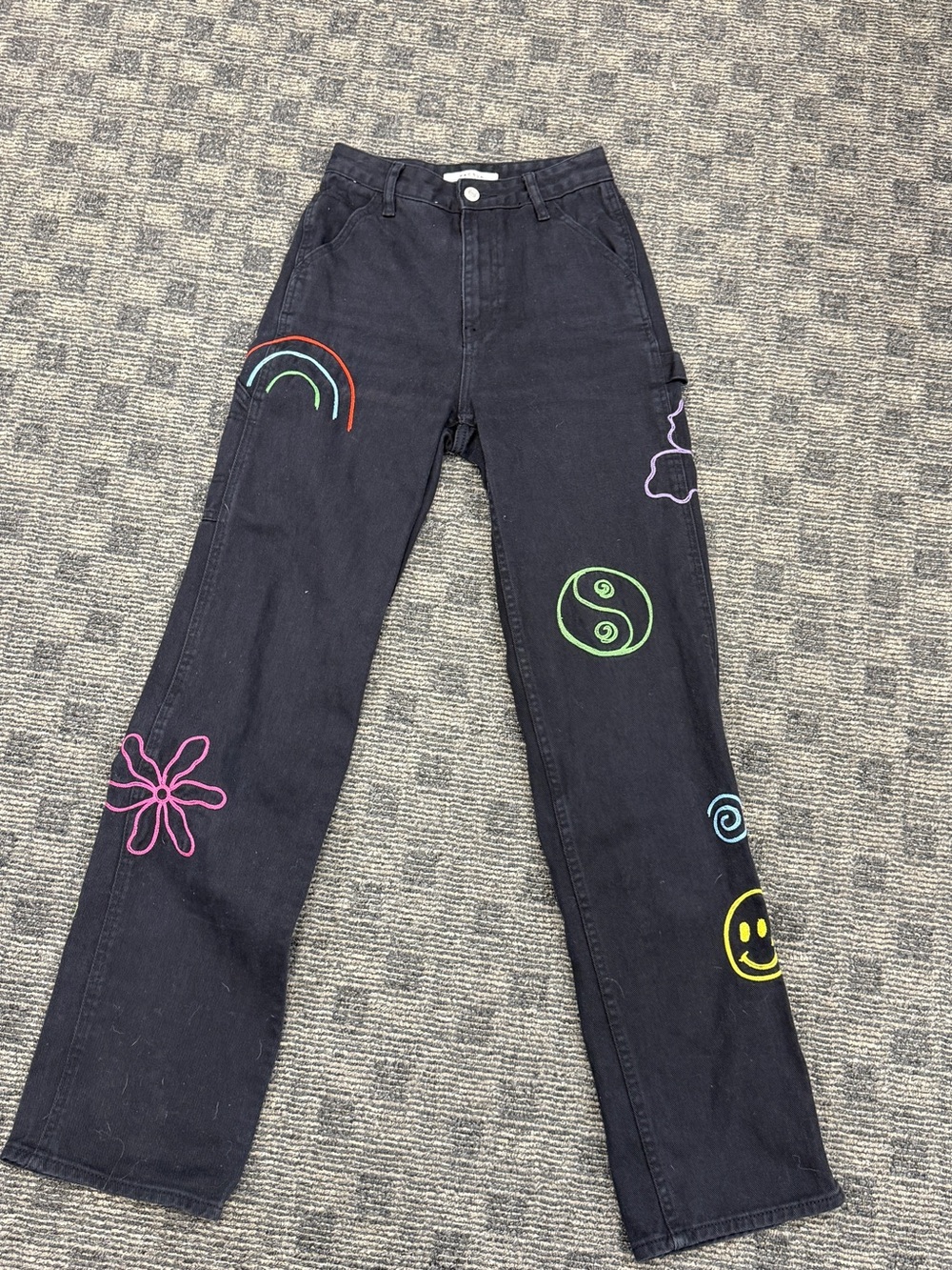 PACSUN Embroidered Carpenter Jeans Black Y2K Rainbow Smiley Women’s 27